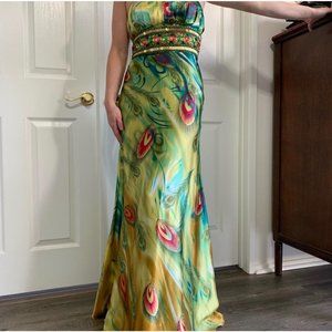 Aspeed Peacock Jeweled Waist Strapless Gown